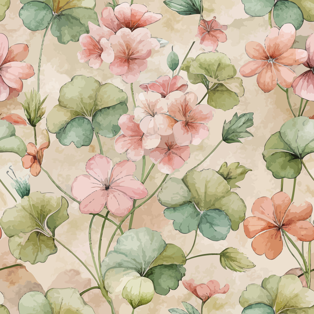 geranium flowers, watercolor style, pink blossoms, coral petals, sage green leaves, botanical pattern, floral design, art nouveau, soft pastels,, fabric panel, garden flowers, peachy pink, muted greens, vintage botanical, delicate florals, romantic mood, nature inspired, seamless repeat, spring blooms