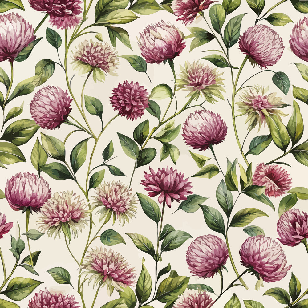 burgundy, mauve, pink, green, cream, globe amaranth, floral pattern, botanical design, art nouveau, vintage style, repeating motif, leaves, stems,, fabric panel, romantic mood, nature inspired, delicate florals, soft palette, organic shapes