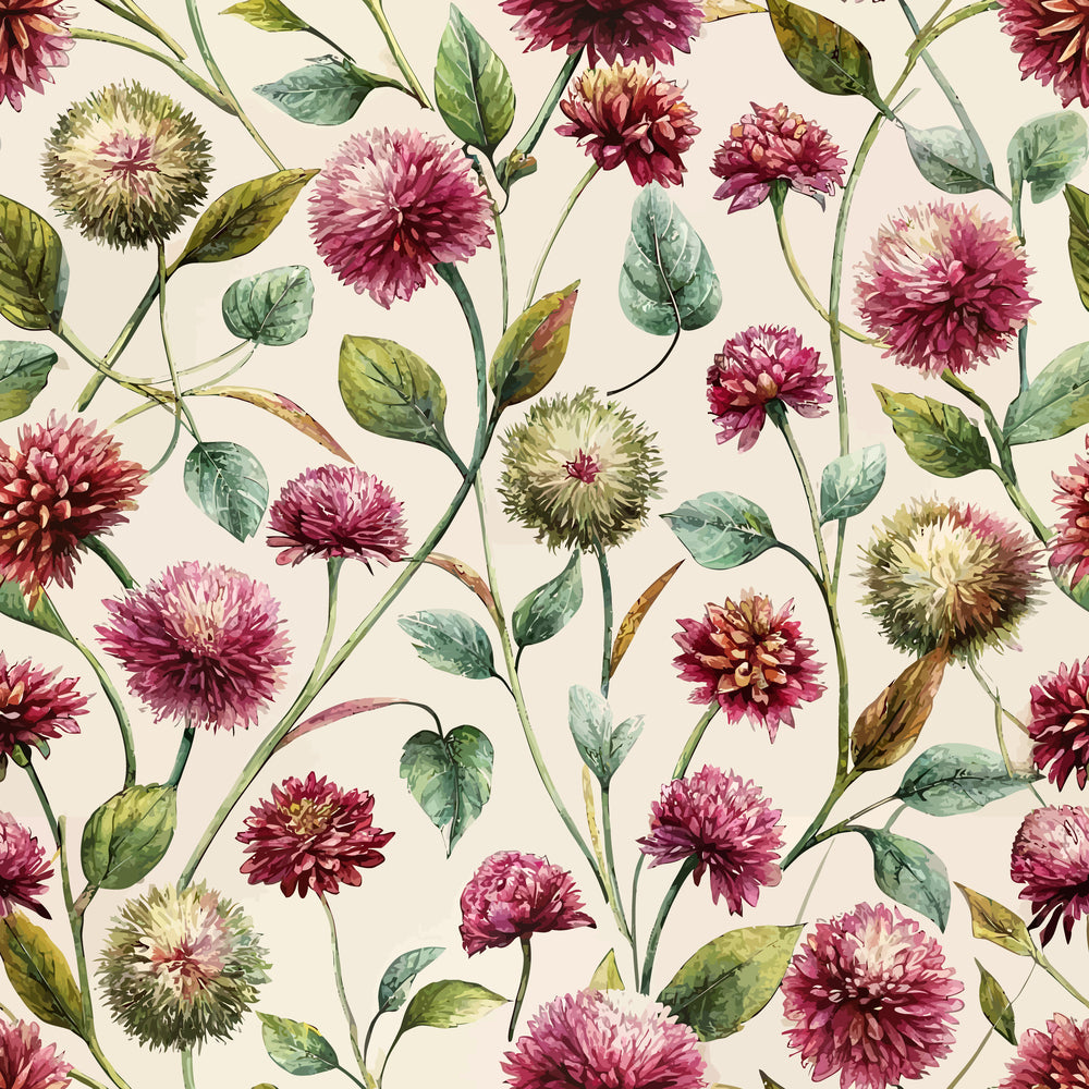 burgundy, mauve, sage green, cream background, globe amaranths, floral pattern, botanical illustration, art nouveau style, watercolor effect,, fabric panel, repeating motif, delicate stems, layered petals, nature inspired, soft palette, flowing design, organic shapes, garden flowers, textile print