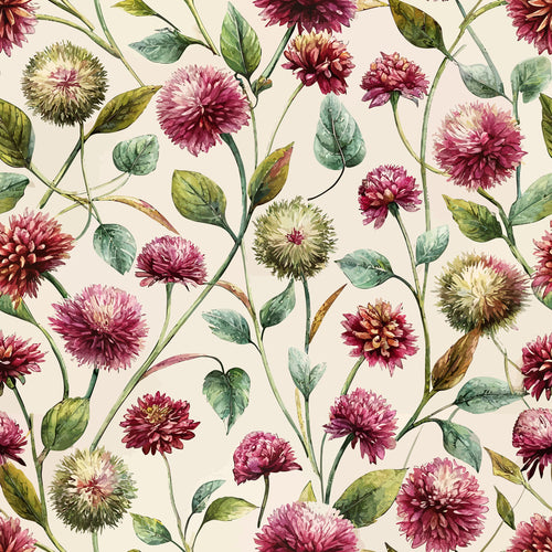 burgundy, mauve, sage green, cream background, globe amaranths, floral pattern, botanical illustration, art nouveau style, watercolor effect,, fabric panel, repeating motif, delicate stems, layered petals, nature inspired, soft palette, flowing design, organic shapes, garden flowers, textile print