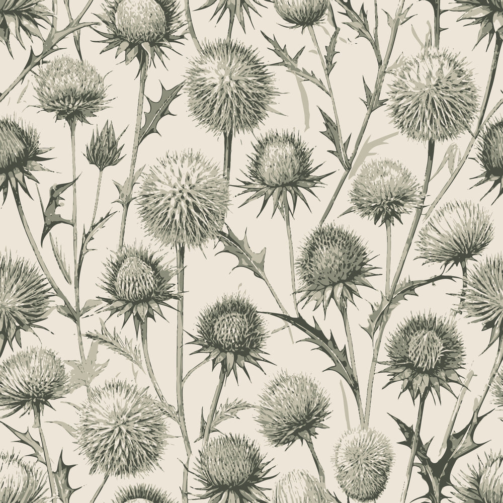 beige, sage green, globe thistles, spiky flowers, botanical pattern, art nouveau style, vintage illustration, nature motif,, fabric panel, thorny stems, wildflowers, muted tones, elegant design, floral repeat, neutral palette, organic shapes, detailed linework