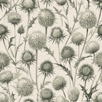 beige, sage green, globe thistles, spiky flowers, botanical pattern, art nouveau style, vintage illustration, nature motif,, fabric panel, thorny stems, wildflowers, muted tones, elegant design, floral repeat, neutral palette, organic shapes, detailed linework