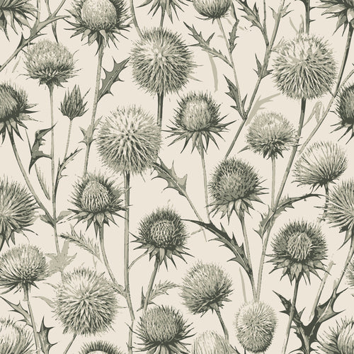 beige, sage green, globe thistles, spiky flowers, botanical pattern, art nouveau style, vintage illustration, nature motif,, fabric panel, thorny stems, wildflowers, muted tones, elegant design, floral repeat, neutral palette, organic shapes, detailed linework