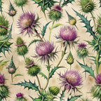 thistle flowers, purple blooms, green stems, spiky leaves, cream background, botanical pattern, art nouveau style, floral design,, fabric panel, nature motif, wildflowers, thorny plants, vintage aesthetic, repeating pattern, organic forms, scottish thistle, garden flowers, textile design, decorative fabric