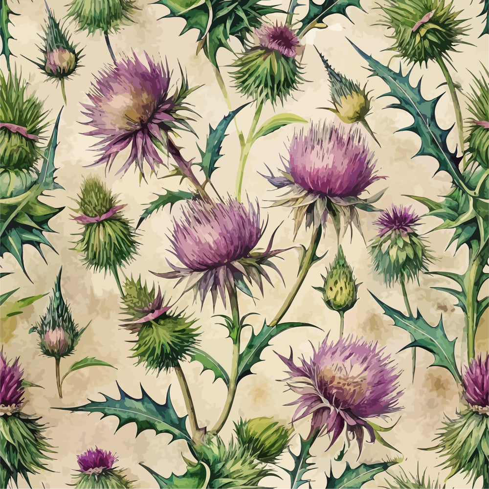 thistle flowers, purple blooms, green stems, spiky leaves, cream background, botanical pattern, art nouveau style, floral design,, fabric panel, nature motif, wildflowers, thorny plants, vintage aesthetic, repeating pattern, organic forms, scottish thistle, garden flowers, textile design, decorative fabric
