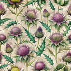 cream, purple, lavender, green, botanical, thistle flowers, spiky blooms, art nouveau, floral pattern,, fabric panel, nature motif, vintage style, decorative florals, textile design, sewing material, crafting fabric, elegant botanicals, muted tones, repeating pattern