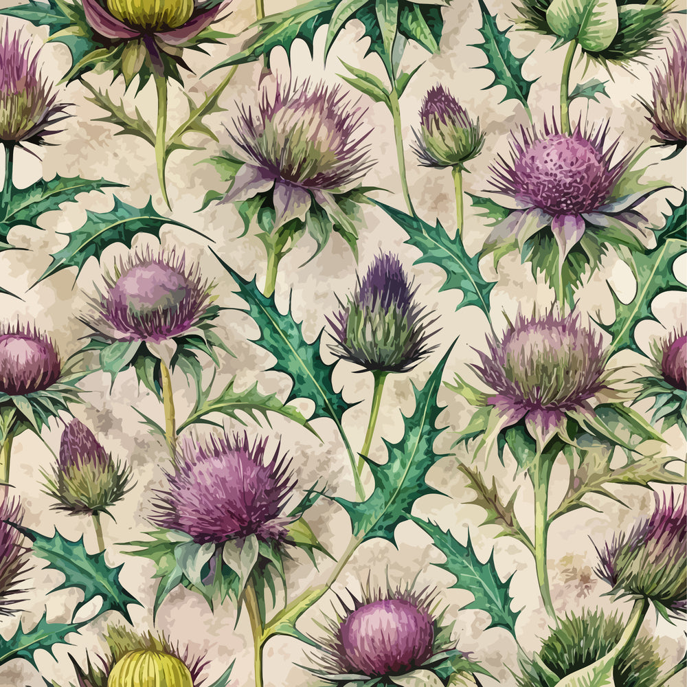 cream, purple, lavender, green, botanical, thistle flowers, spiky blooms, art nouveau, floral pattern,, fabric panel, nature motif, vintage style, decorative florals, textile design, sewing material, crafting fabric, elegant botanicals, muted tones, repeating pattern