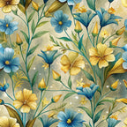 blue flowers, yellow blooms, golden petals, floral pattern, botanical design, art nouveau style, watercolor effect, spring flowers, meadow wildflowers,, fabric panel, nature motif, delicate stems, soft pastels, vintage florals, seamless repeat, garden blooms, organic shapes, flowing design