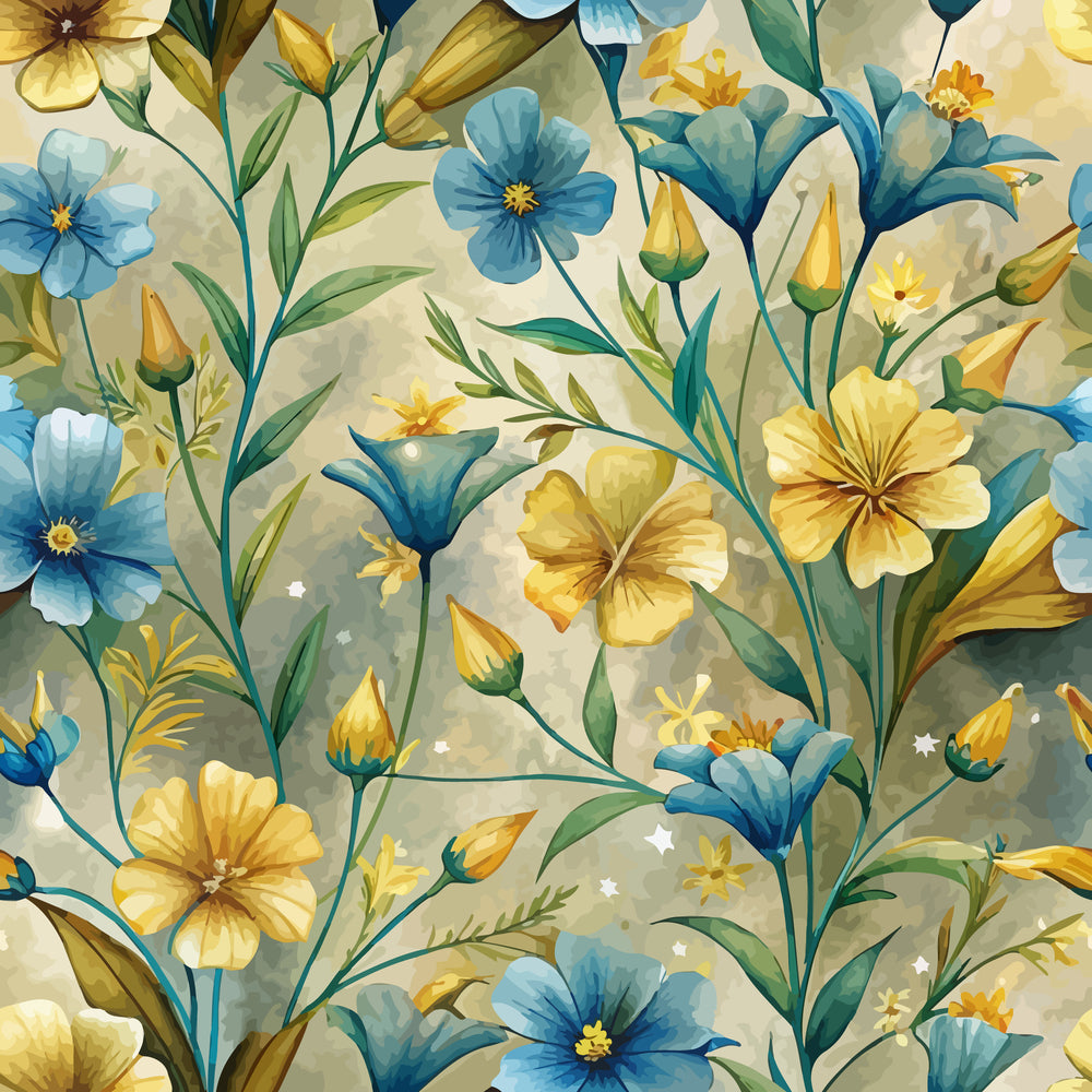 blue flowers, yellow blooms, golden petals, floral pattern, botanical design, art nouveau style, watercolor effect, spring flowers, meadow wildflowers,, fabric panel, nature motif, delicate stems, soft pastels, vintage florals, seamless repeat, garden blooms, organic shapes, flowing design