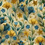art nouveau, golden yellow, deep blue, teal green, cream background, floral pattern, botanical design, stylized flowers, decorative stars, flowing vines,, fabric panel, elegant motifs, nature inspired, vintage style, ornamental blooms, luxurious colors, seamless repeat