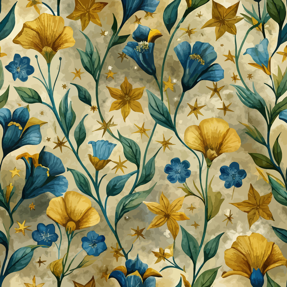 art nouveau, golden yellow, deep blue, teal green, cream background, floral pattern, botanical design, stylized flowers, decorative stars, flowing vines,, fabric panel, elegant motifs, nature inspired, vintage style, ornamental blooms, luxurious colors, seamless repeat