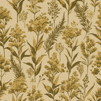goldenrod flowers, botanical pattern, cream background, olive green, mustard yellow, art nouveau style, wildflowers, nature motif, vintage botanical,, fabric panel, floral stems, organic design, earthy tones, repeating pattern, delicate blooms, natural elements, autumn colors, botanical illustration