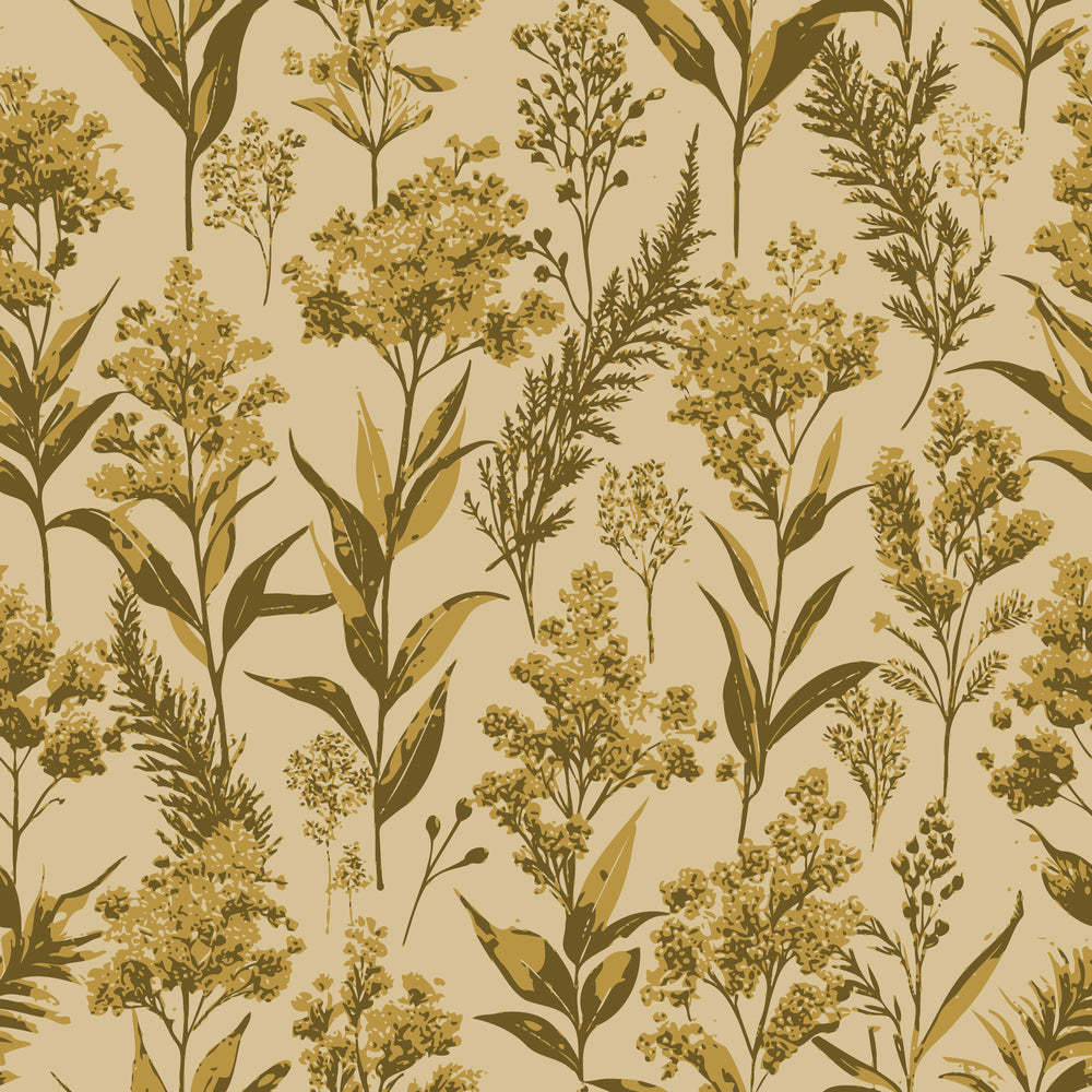 goldenrod flowers, botanical pattern, cream background, olive green, mustard yellow, art nouveau style, wildflowers, nature motif, vintage botanical,, fabric panel, floral stems, organic design, earthy tones, repeating pattern, delicate blooms, natural elements, autumn colors, botanical illustration