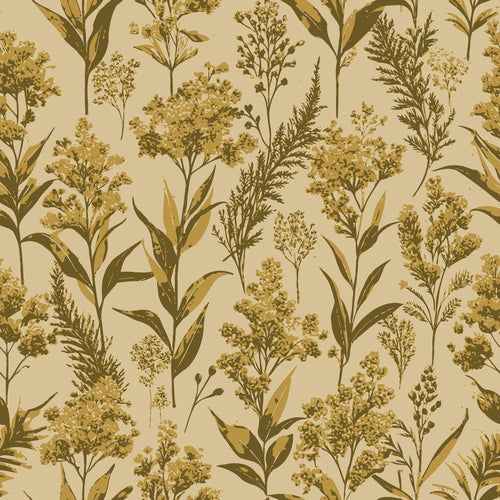 goldenrod flowers, botanical pattern, cream background, olive green, mustard yellow, art nouveau style, wildflowers, nature motif, vintage botanical,, fabric panel, floral stems, organic design, earthy tones, repeating pattern, delicate blooms, natural elements, autumn colors, botanical illustration