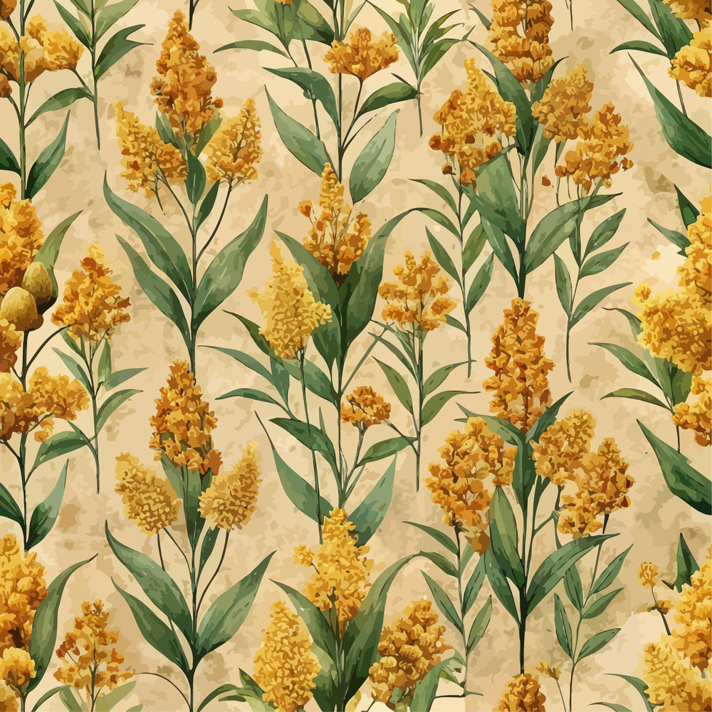 golden yellow, cream background, botanical pattern, goldenrod flowers, green leaves, art nouveau style, floral motif,, fabric panel, nature inspired, vintage aesthetic, flowing stems, clustered blooms, organic design, autumn colors, decorative florals, seamless repeat, watercolor effect
