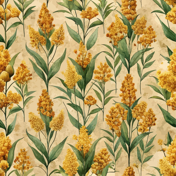 golden yellow, cream background, botanical pattern, goldenrod flowers, green leaves, art nouveau style, floral motif,, fabric panel, nature inspired, vintage aesthetic, flowing stems, clustered blooms, organic design, autumn colors, decorative florals, seamless repeat, watercolor effect