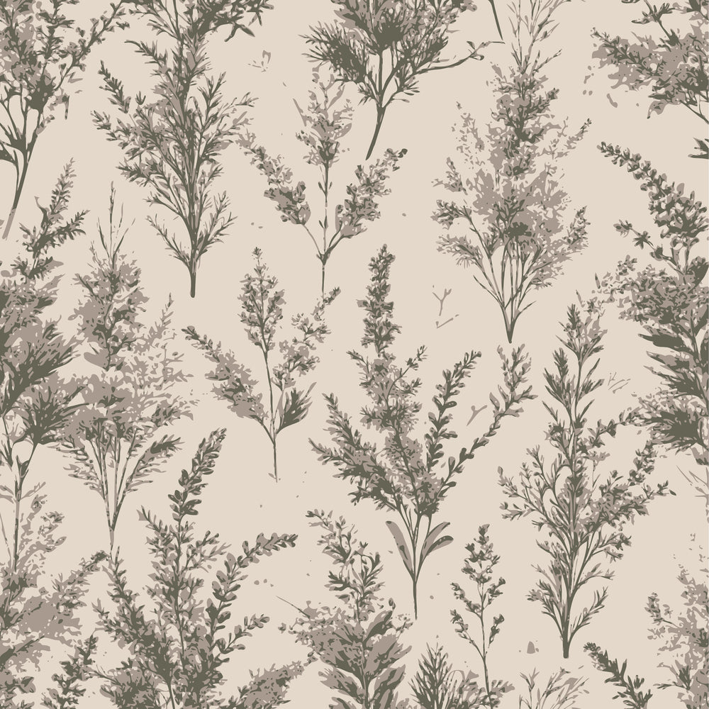 beige, sage green, heather sprigs, botanical pattern, wildflowers, delicate branches, nature motif, art nouveau style,, fabric panel, vintage aesthetic, muted tones, scattered florals, organic design, earthy palette, pressed flower look, meadow plants, soft neutrals, repeating pattern