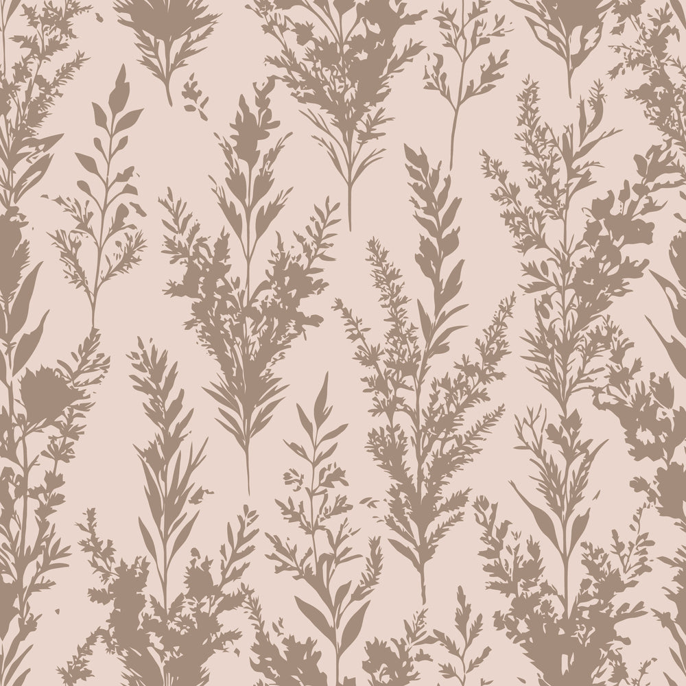beige, taupe, brown, heather sprigs, botanical pattern, wildflowers, dried flowers, plant silhouettes, nature motifs, art nouveau style, organic shapes, flowing stems, delicate foliage, muted tones,, fabric panel, seamless repeat, vintage inspired, earthy palette, floral design