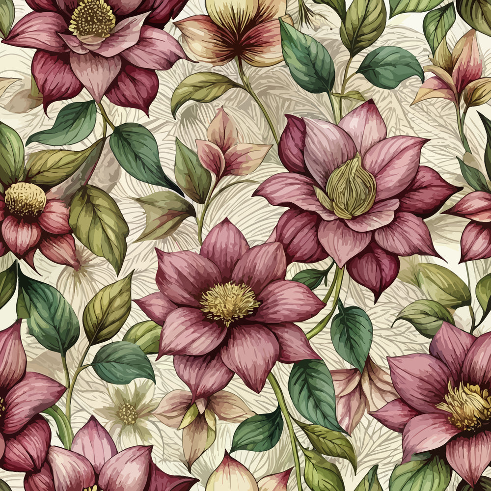 art nouveau, hellebores, floral pattern, burgundy flowers, mauve blooms, green leaves, cream background, botanical design, vintage style,, fabric panel, pink petals, yellow centers, nature motif, seamless repeat, elegant florals, muted tones, winter flowers