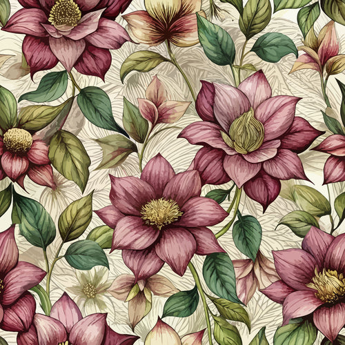art nouveau, hellebores, floral pattern, burgundy flowers, mauve blooms, green leaves, cream background, botanical design, vintage style,, fabric panel, pink petals, yellow centers, nature motif, seamless repeat, elegant florals, muted tones, winter flowers