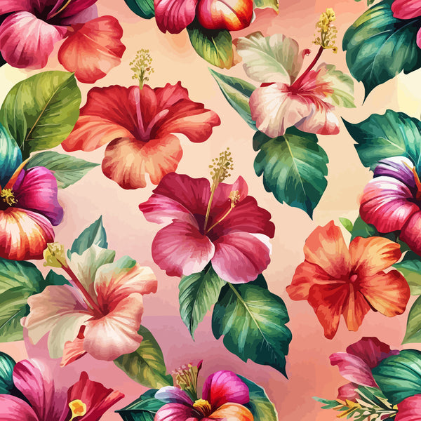 hibiscus flowers, tropical blooms, coral pink background, magenta petals, orange flowers, green leaves, botanical pattern, art nouveau style, seamless repeat,, fabric panel, floral design, tropical theme, watercolor effect, nature motif, summer flowers, vibrant colors, pistil stamens, leafy foliage