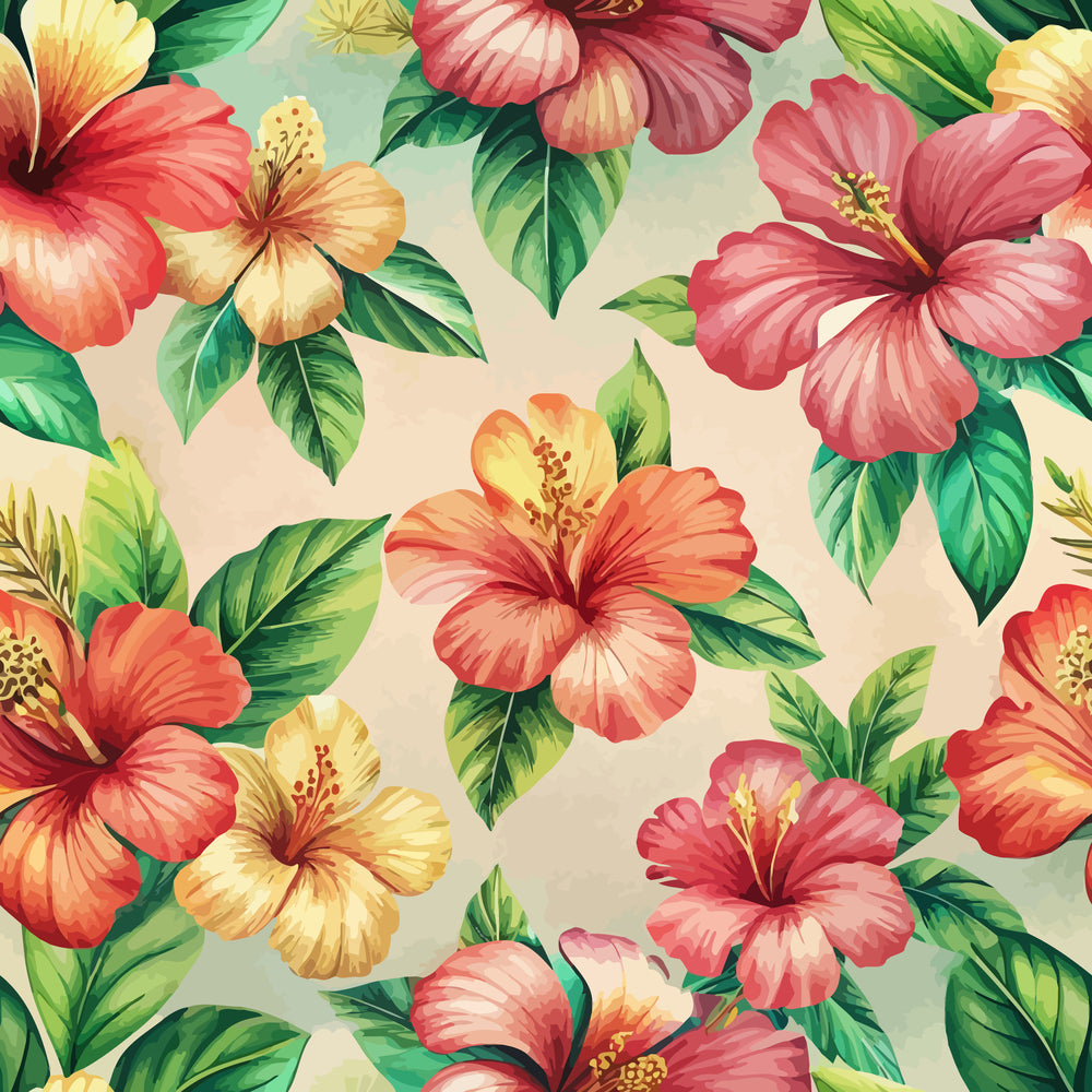 tropical flowers, hibiscus blooms, coral pink, peachy orange, yellow petals, emerald green, botanical leaves, floral pattern, seamless repeat, watercolor style, art nouveau, exotic blooms, stamens visible, lush foliage,, fabric panel, summer vibes, paradise theme, botanical illustration, vibrant colors