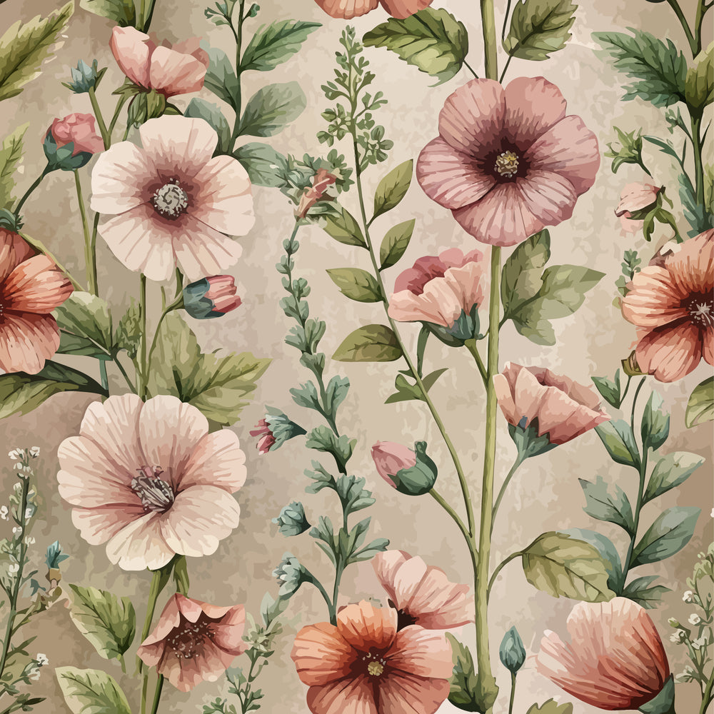 art nouveau, hollyhocks, floral pattern, botanical design, pink flowers, coral blooms, green leaves, cream background, vintage style,, fabric panel, delicate petals, garden flowers, soft pastels, romantic florals, watercolor effect, nature motif, cottage garden, feminine design, flowing stems