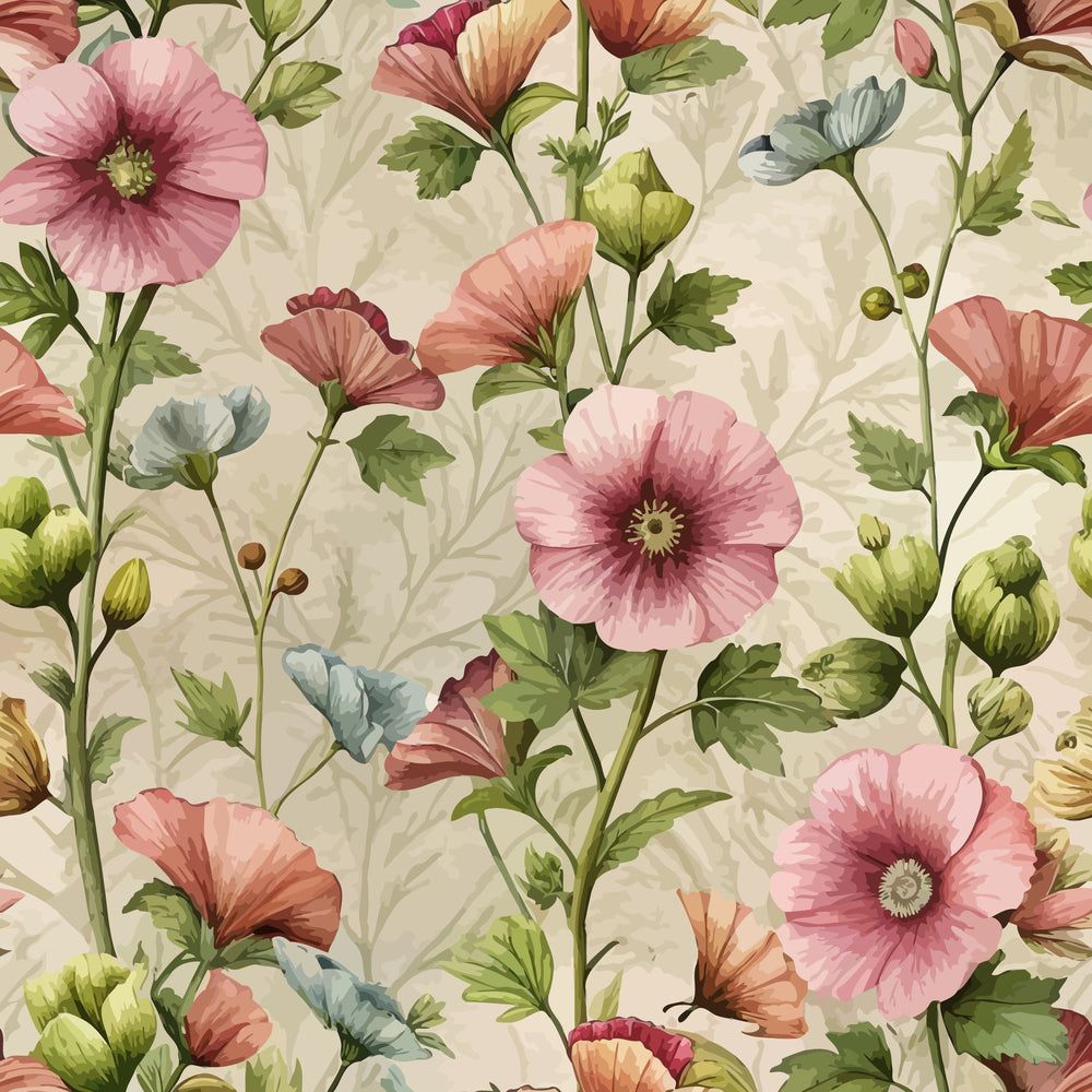 art nouveau, hollyhocks, floral pattern, pink flowers, coral blooms, green leaves, botanical design,, fabric panel, vintage style, nature motif, garden flowers, soft pastels, delicate petals, spring theme, romantic florals, textile design, crafting fabric, sewing material