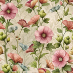 art nouveau, hollyhocks, floral pattern, pink flowers, coral blooms, green leaves, botanical design,, fabric panel, vintage style, nature motif, garden flowers, soft pastels, delicate petals, spring theme, romantic florals, textile design, crafting fabric, sewing material