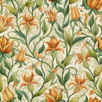 art nouveau, honeysuckle flowers, botanical pattern, orange blooms, green leaves, cream background, flowing vines, organic curves, nature motif,, seamless repeat, floral design, warm tones, decorative swirls, vintage style, textile print, garden flowers, ornamental pattern