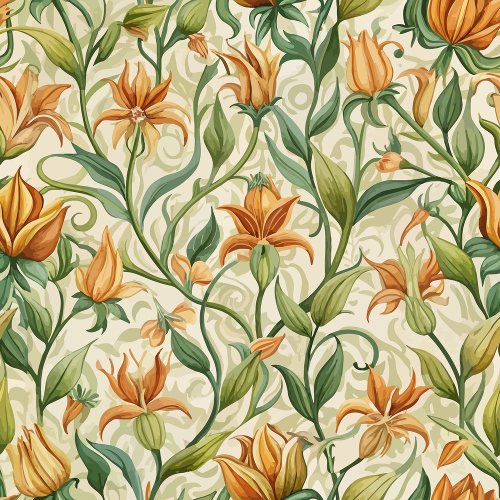 art nouveau, honeysuckle flowers, botanical pattern, orange blooms, green leaves, cream background, flowing vines, organic curves, nature motif,, seamless repeat, floral design, warm tones, decorative swirls, vintage style, textile print, garden flowers, ornamental pattern
