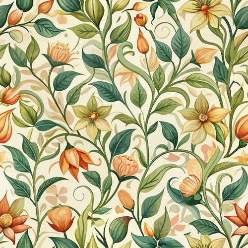 art nouveau, honeysuckle flowers, botanical pattern, cream background, orange blooms, green leaves, flowing vines, curved stems, nature motifs,, fabric panel, floral design, organic shapes, warm autumn tones, decorative swirls, peachy orange, forest green, vintage style, seamless repeat