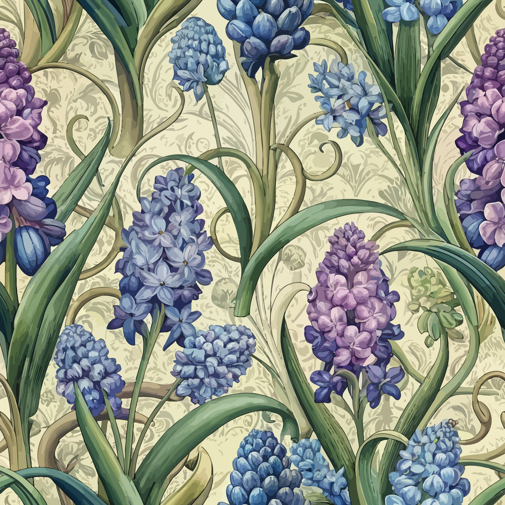 art nouveau, hyacinths, floral pattern, purple flowers, blue flowers, lavender blooms, green foliage, cream background, botanical design, spring flowers, ornate scrollwork, decorative swirls,, fabric panel, vintage style, elegant motifs, bulb flowers, garden theme, flowing lines, muted tones