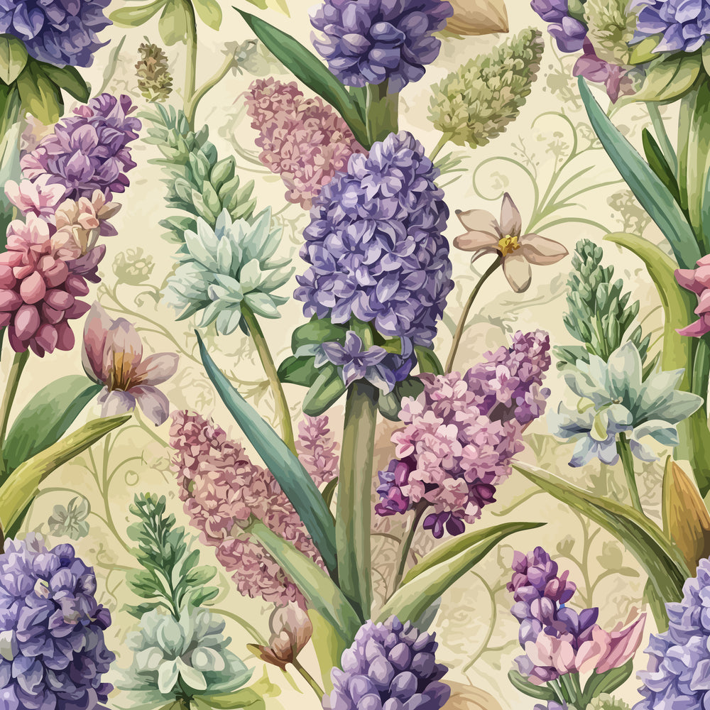 purple hyacinths, lavender flowers, green foliage, cream background, floral pattern, botanical design, spring blooms,, fabric panel, art nouveau style, nature motif, purple tones, delicate petals, garden flowers, vintage aesthetic, soft pastels, repeating pattern, organic shapes, flowing lines, elegant florals