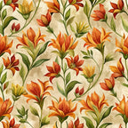art nouveau, indian paintbrush, wildflowers, orange blooms, red petals, yellow flowers, green leaves, botanical pattern, flowing stems, nature motif, autumn colors, warm tones, organic design, floral fabric,, seamless repeat, prairie flowers, stylized blooms, decorative florals, cottage garden