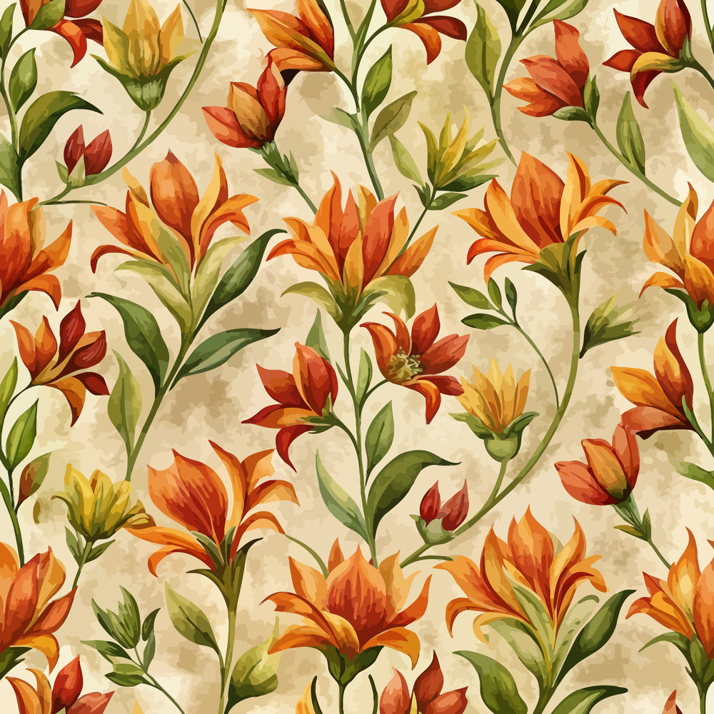 art nouveau, indian paintbrush, wildflowers, orange blooms, red petals, yellow flowers, green leaves, botanical pattern, flowing stems, nature motif, autumn colors, warm tones, organic design, floral fabric,, seamless repeat, prairie flowers, stylized blooms, decorative florals, cottage garden