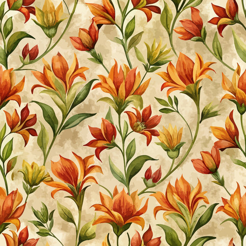 art nouveau, indian paintbrush, wildflowers, orange blooms, red petals, yellow flowers, green leaves, botanical pattern, flowing stems, nature motif, autumn colors, warm tones, organic design, floral fabric,, seamless repeat, prairie flowers, stylized blooms, decorative florals, cottage garden