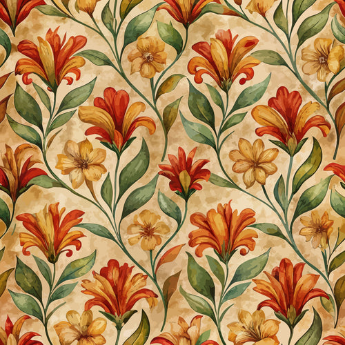 art nouveau, indian paintbrush, floral pattern, orange flowers, red blooms, yellow petals, green leaves, botanical design, flowing vines, organic curves, warm colors, autumn tones, nature motif,, fabric panel, seamless repeat, stylized flowers, decorative pattern, earthy palette, vintage style