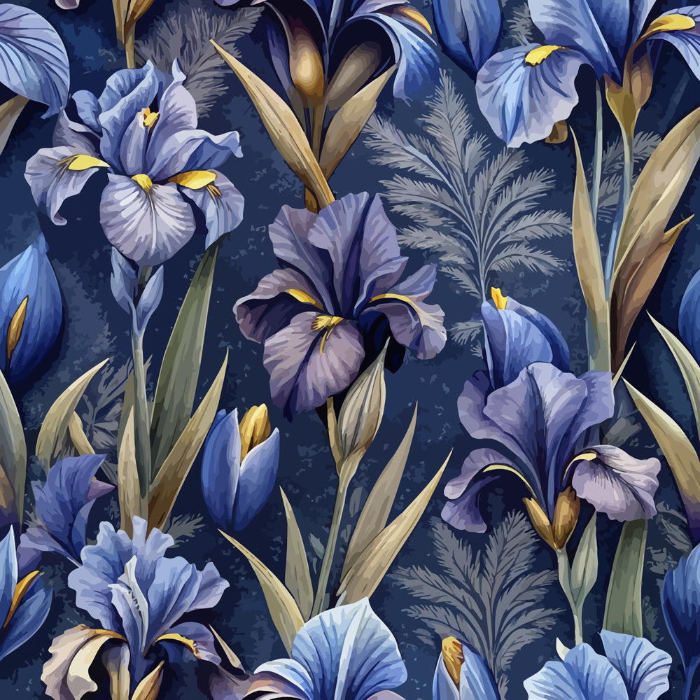 navy blue, purple iris, botanical pattern, floral design, art nouveau style,, fabric panel, elegant blooms, golden accents, sword-like leaves, deep indigo background, lavender petals, nature motif, sophisticated florals, iris flowers, decorative foliage, rich blues, ornate botanical, garden flowers, artistic pattern