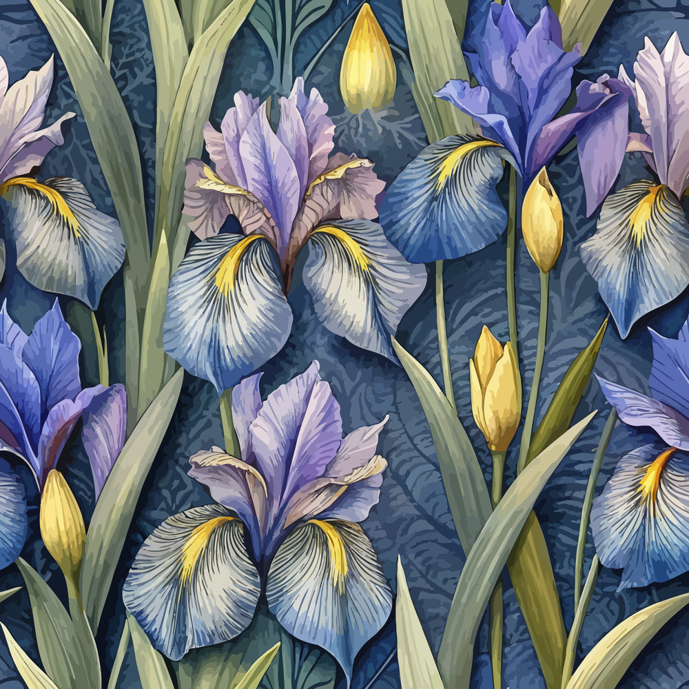 iris flowers, art nouveau, purple petals, blue tones, yellow buds, sage green leaves, floral pattern, botanical design,, fabric panel, elegant blooms, periwinkle, lavender shades, sword-like foliage, graceful stems, decorative florals, flowing design, garden flowers, textile art, crafting fabric