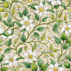 beige background, white flowers, green leaves, yellow centers, jasmine blossoms, botanical vines, flowing stems, art nouveau style, organic curves, nature motif,, fabric panel, elegant florals, soft palette, delicate petals, climbing plants, decorative pattern, botanical illustration, creamy tones, garden theme