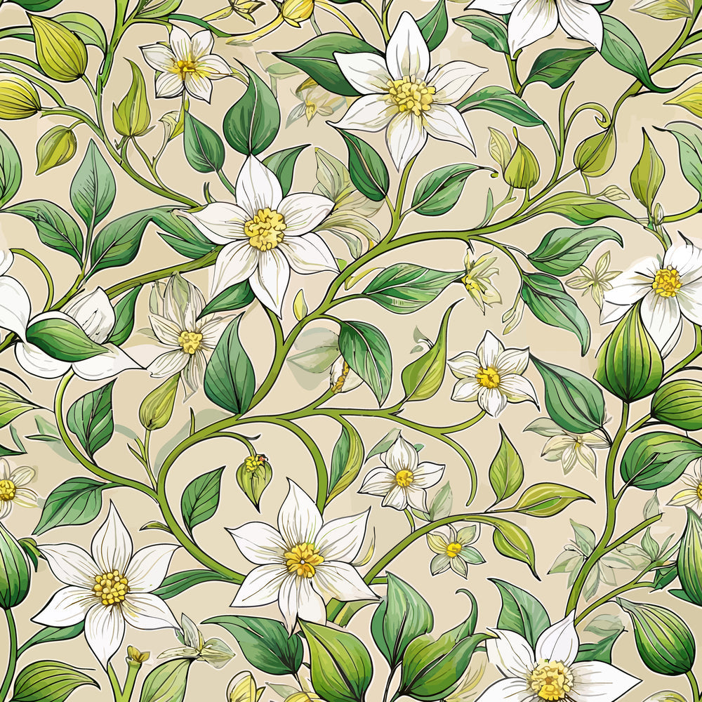 beige background, white flowers, green leaves, yellow centers, jasmine blossoms, botanical vines, flowing stems, art nouveau style, organic curves, nature motif,, fabric panel, elegant florals, soft palette, delicate petals, climbing plants, decorative pattern, botanical illustration, creamy tones, garden theme