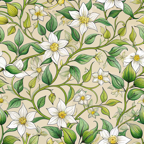 beige background, white flowers, green leaves, yellow centers, jasmine blossoms, botanical vines, flowing stems, art nouveau style, organic curves, nature motif,, fabric panel, elegant florals, soft palette, delicate petals, climbing plants, decorative pattern, botanical illustration, creamy tones, garden theme