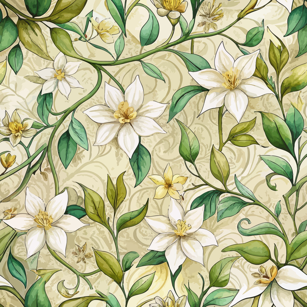 cream background, ivory petals, sage green, forest green, golden yellow, jasmine flowers, botanical vines, swirling stems, art nouveau style, flowing curves, floral pattern, organic design, nature motif,, fabric panel, elegant florals, vintage inspired, soft palette, repeating pattern, decorative leaves