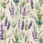 lavender sprigs, purple flowers, botanical pattern, watercolor style, green leaves, cream background, floral design, herb garden,, fabric panel, nature motif, soft pastels, delicate florals, artistic illustration, repeating pattern, organic shapes, spring flowers, hand-painted look, textile design, crafting fabric