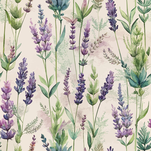 lavender sprigs, purple flowers, botanical pattern, watercolor style, green leaves, cream background, floral design, herb garden,, fabric panel, nature motif, soft pastels, delicate florals, artistic illustration, repeating pattern, organic shapes, spring flowers, hand-painted look, textile design, crafting fabric