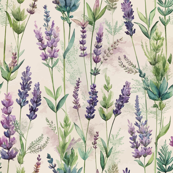 lavender sprigs, purple flowers, botanical pattern, watercolor style, green leaves, cream background, floral design, herb garden,, fabric panel, nature motif, soft pastels, delicate florals, artistic illustration, repeating pattern, organic shapes, spring flowers, hand-painted look, textile design, crafting fabric