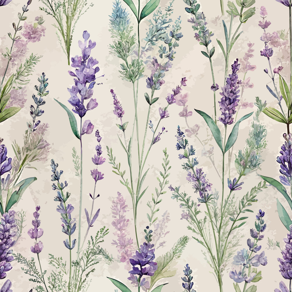 lavender purple, sage green, cream background, watercolor style, botanical pattern, floral sprigs, herb garden, delicate flowers,, fabric panel, nature inspired, soft pastels, art nouveau, organic stems, wildflower meadow, vintage botanical, muted tones, repeating pattern, spring garden