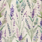 lavender purple, sage green, cream background, watercolor style, botanical pattern, floral sprigs, herb garden, delicate flowers,, fabric panel, nature inspired, soft pastels, art nouveau, organic stems, wildflower meadow, vintage botanical, muted tones, repeating pattern, spring garden