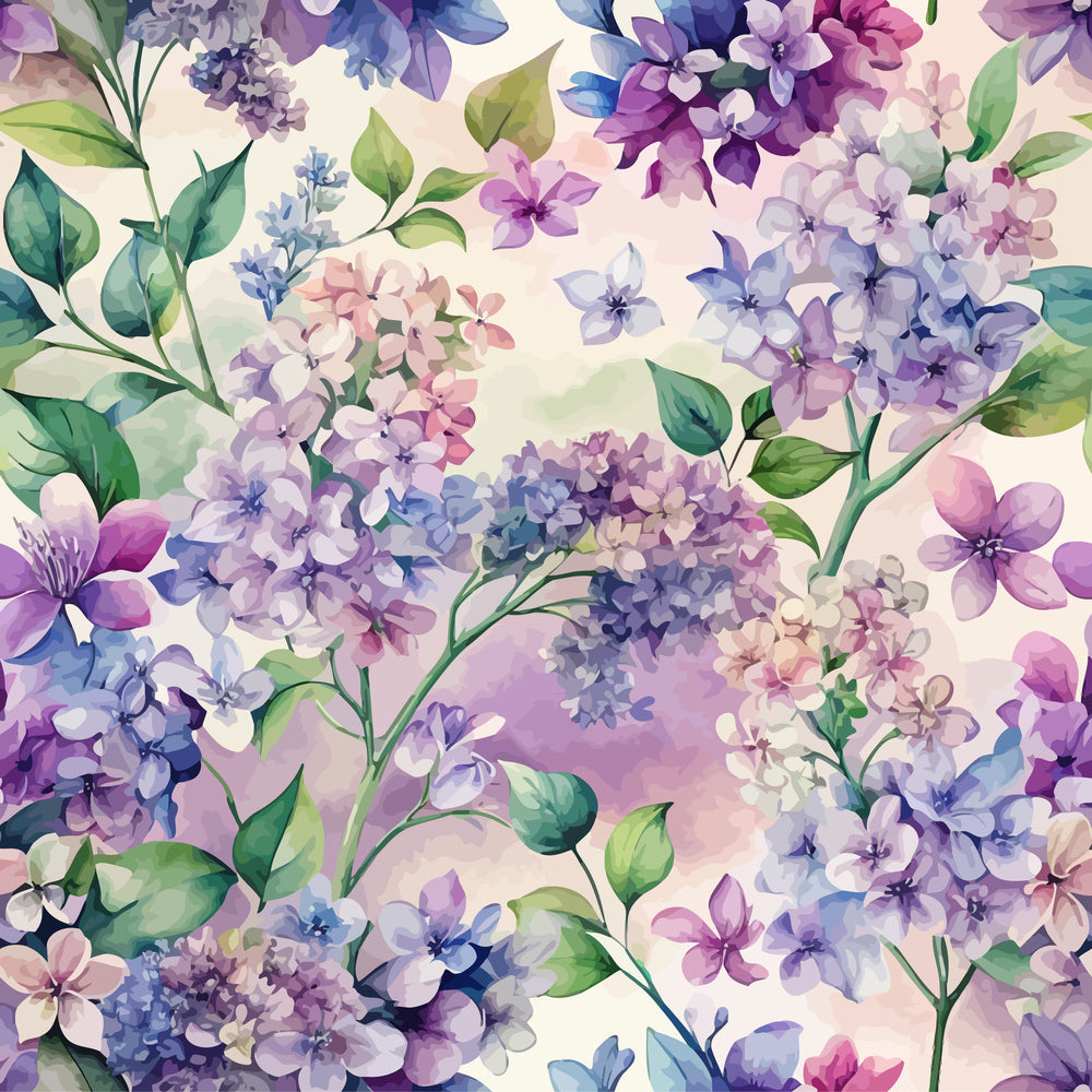 lilac, purple, lavender, blue, pink, green, watercolor, floral pattern, botanical design, spring flowers, lilac blooms, delicate petals, leaves, branches, soft pastels, art nouveau,, fabric panel, romantic mood, garden florals